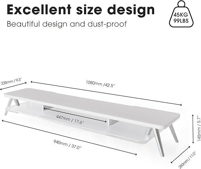 Fenge Dual Monitor Stand for Desk, 2 Tiers Monitor Riser with Acrylic Shelf, 42.5 Inch Wood and Aluminum Desk Shelf with Phone and Tablet Holder