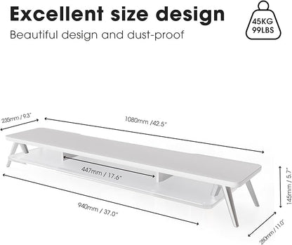 Fenge Dual Monitor Stand for Desk, 2 Tiers Monitor Riser with Acrylic Shelf, 42.5 Inch Wood and Aluminum Desk Shelf with Phone and Tablet Holder