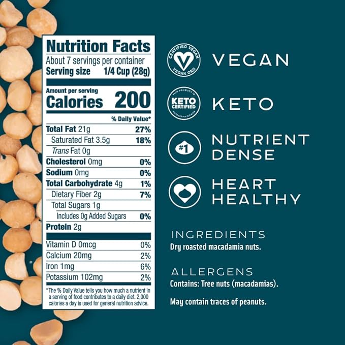 Mauna Loa Unsalted Roasted Macadamia Nuts, 7 oz Resealable Bag, Keto Friendly, Gluten Free, Premium Hawaiian Healthy Snack