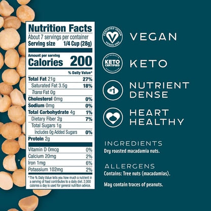 Mauna Loa Unsalted Roasted Macadamia Nuts, 7 oz Resealable Bag, Keto Friendly, Gluten Free, Premium Hawaiian Healthy Snack