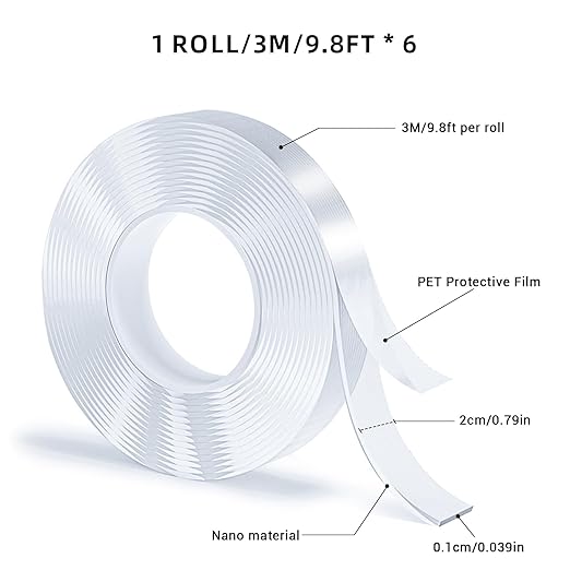 Double Sided Tape, Nano Tape, Transparent Adhesive Tape, Traceless Adhesive Tape, Removable, Washable, Reusable, Suitable for Carpets, Photo Walls, 3m Per Roll, 6 Rolls
