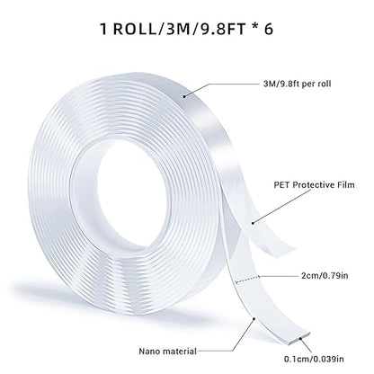 Double Sided Tape, Nano Tape, Transparent Adhesive Tape, Traceless Adhesive Tape, Removable, Washable, Reusable, Suitable for Carpets, Photo Walls, 3m Per Roll, 6 Rolls