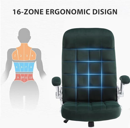 High Back Fabric Office Chair, Velvet Executive Desk Chair with Flip-Up Arms, Ergonomic Office Chairs with Lumbar Support, Upholstered Home Computer Swivel Chair with Wheels(Green)