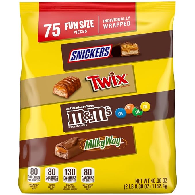 SNICKERS, M&M'S Milk Chocolate, MILKY WAY & TWIX Fun Size Chocolate Candy Variety Pack, Halloween Candy Variety Pack, 75 Ct Bulk Bag