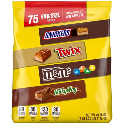 SNICKERS, M&M'S Milk Chocolate, MILKY WAY & TWIX Fun Size Chocolate Candy Variety Pack, Halloween Candy Variety Pack, 75 Ct Bulk Bag