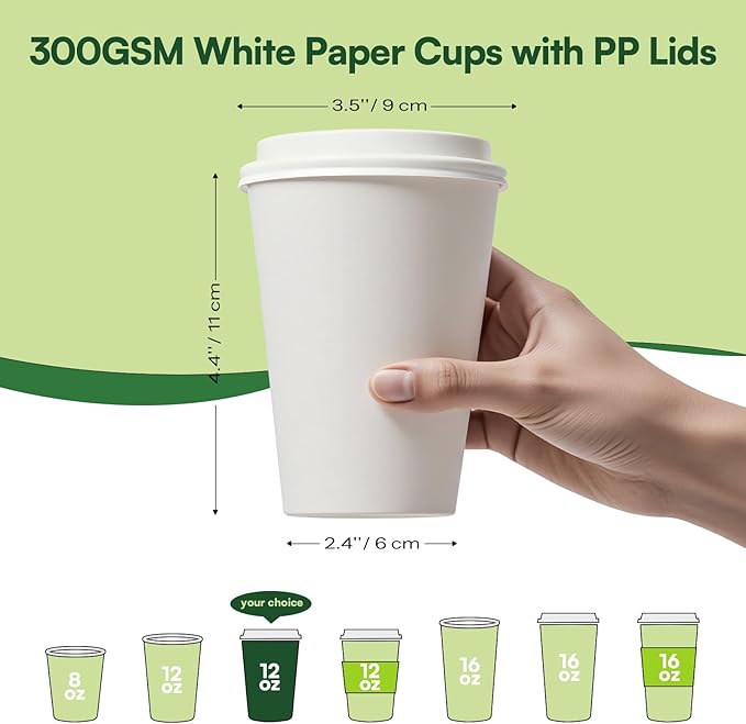 Disposable Coffee Cups with Lids 12 oz Paper Cups,100 Pack To Go Hot Cups with Lids, BPA Free Unbleached Thickened Leak Proof White Disposable Cups for Everyday Use Office Coffee Bar Supply Essentials