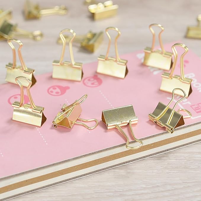 100 Pack Mini Gold Binder Clips 5/8 Inch (15 mm), Colored Little Paper Clamps, Small Tiny Micro Size Paper Clips for Office Home School Business 0.6"
