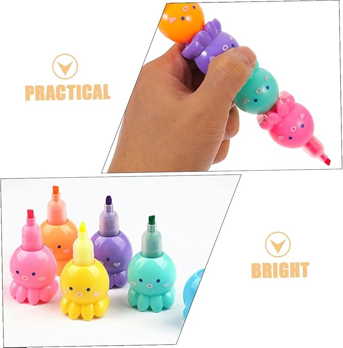 NUOBESTY 2 Sets Octopus-shaped Pastel Highlighter Pens with Single Tip Fluorescent Ink for Note Taking and School Supplies Cute Stackable Markers for Students Classroom Use