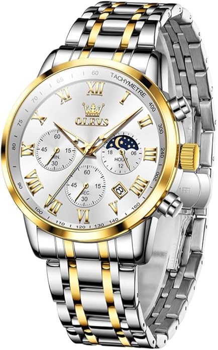 OLEVS Mens Stainless Steel Chronograph Watch, Big Face Roman Numerals Date Analog Quartz Dress Watches for Men, Fashion Multifunctional Waterproof Luminous Hands Men's Wristwatch