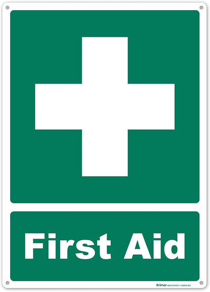 Brimar - 10" x 14" - First Aid Sign - Polyethylene Plastic - Bold Text And Symbol - Easy Installation