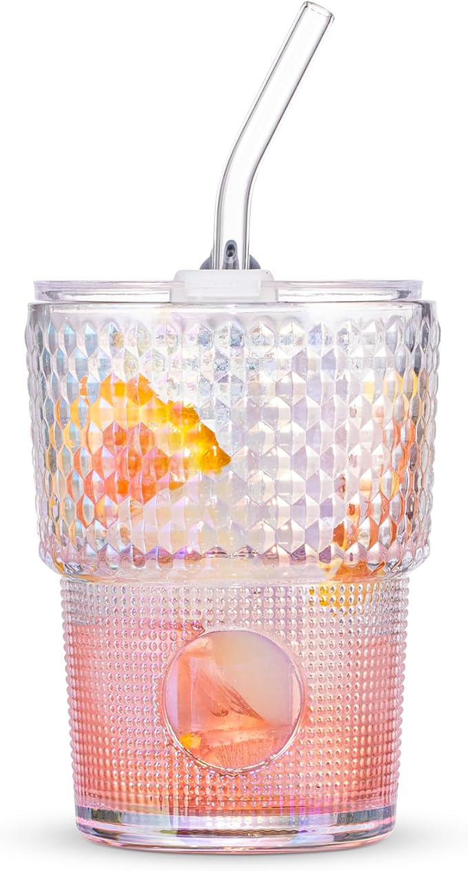 13oz/400ml Glass Water Tumbler with Straw and Lid Sealed Carry On Thick Wall Iced Coffee Cup Glass Cup for Water, Iced Tea Fruit Juice Etc (White-Ribbed)
