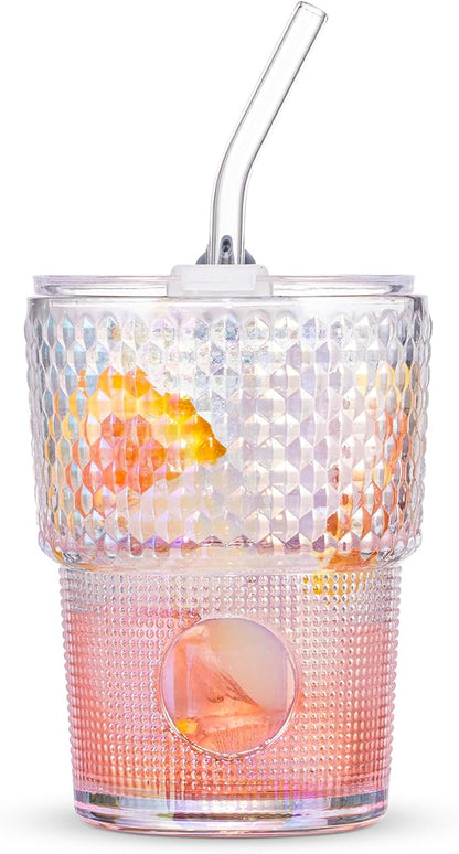 13oz/400ml Glass Water Tumbler with Straw and Lid Sealed Carry On Thick Wall Iced Coffee Cup Glass Cup for Water, Iced Tea Fruit Juice Etc (White-Ribbed)