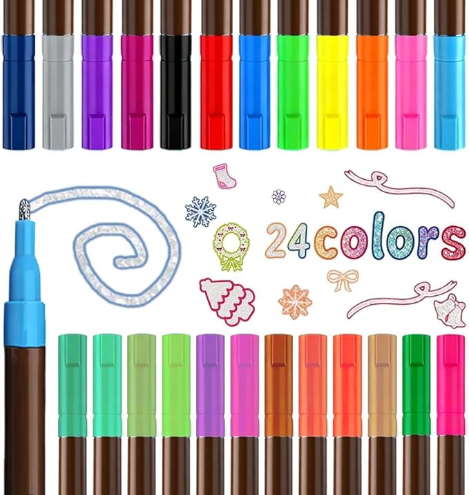 24 Marker Pen for Highlight Self-Outline Metallic, Double Line Magical Pens for Adult Coloring Books, Color Glitter Markers for Adults, Back to School Supplies for Kids, Toddler Gifts