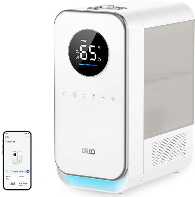 DREO Humidifiers for Bedroom, Top-filled Smart Quiet Cool Mist Humidifiers for Large Room Home, Oil Diffuser & Nightlight, 50Hours Runtime for Indoor Plants, with Alexa/Google, Grey