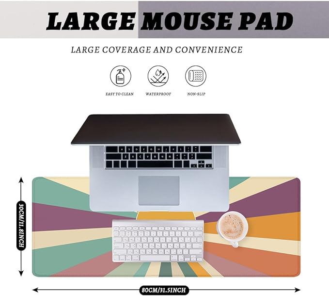 Boho Desk Pad Mouse Pad Colorful Mid Retro Sunburst Aesthetic XL Mouse Pad Large Mousepad Extended Laptop Keyboard Mat Gaming Desk Pad Mouse Mat 31.5"x11.8"