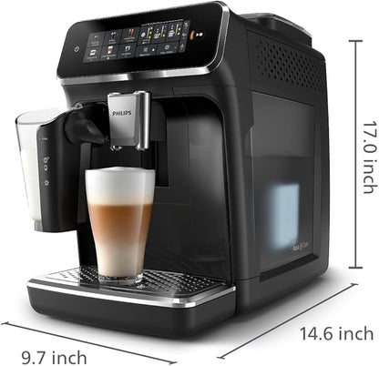 Philips 3300 Series Fully Automatic Espresso Machine with LatteGo Milk System and integrated grinder, 6 Hot & Iced Coffee Pre-Sets, 40% Quieter SilentBrew, 15-Bar Pressure, Glossy Black (EP3341/50)