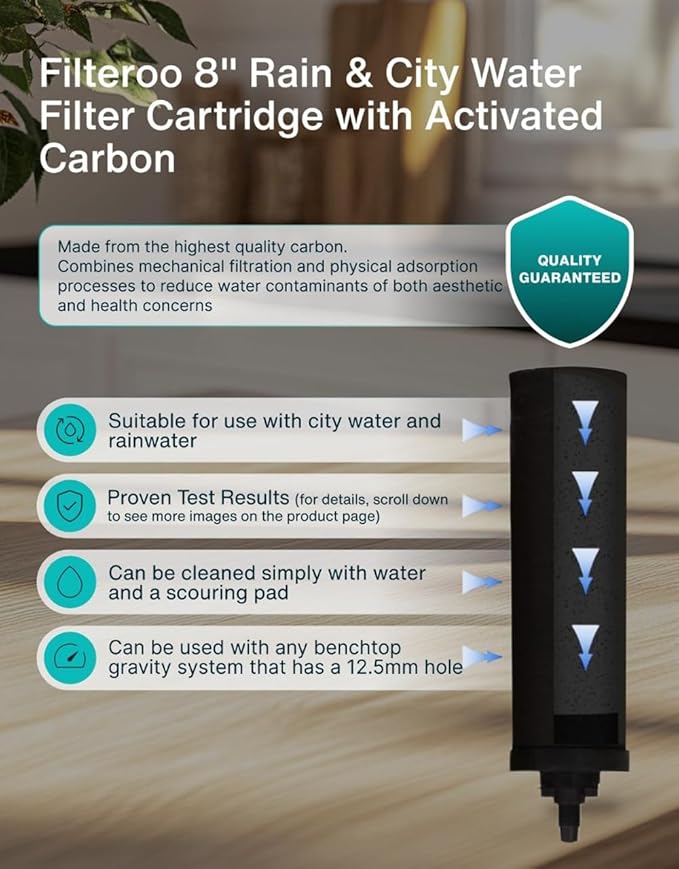 Filteroo® Superoo Countertop Gravity Water Filter System - 5.28 Gal/20L | 304 Stainless Steel | 2 Carbon Filters | NSF/ANSI Tested Gravity-Fed Water Purifier | Remove Bacterias & Heavy Metals
