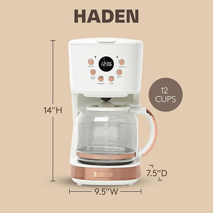 Haden Coffee Machine, 12 Cup Programmable Drip Coffee Maker with Auto Shut-Off Function and Reusable Washable Water Filter, Ivory & Copper