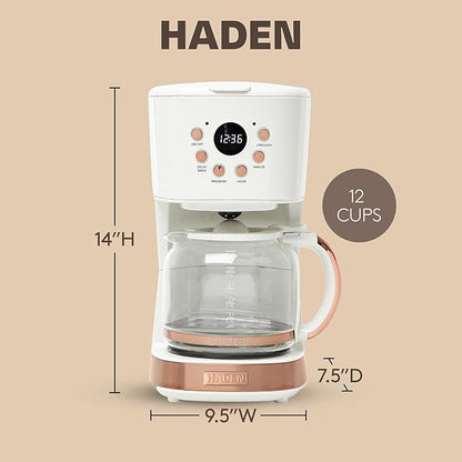 Haden Coffee Machine, 12 Cup Programmable Drip Coffee Maker with Auto Shut-Off Function and Reusable Washable Water Filter, Ivory & Copper