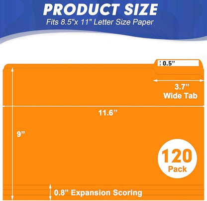 File Folder, HERKKA 120 Pack 1/3 Cut Tab File Folders, File Folders Great for Organizing and Filing, Letter Size, Orange