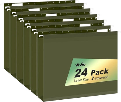 ViVin Hanging File Folders, 1/5-Cut Adjustable Tabs with 24 Per Box, 2 Inch Expansion, 24 Pack Letter Size Hanging File Folders, Designed for Office Home School Filing Cabinet(Green)