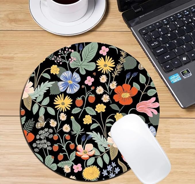 Whimsical Floral Pattern On Black Mouse Pad Round Non-Slip Rubber Mousepad Laptop Office Computer Decor Cute Desk Accessories Customized Design Mouse Pad