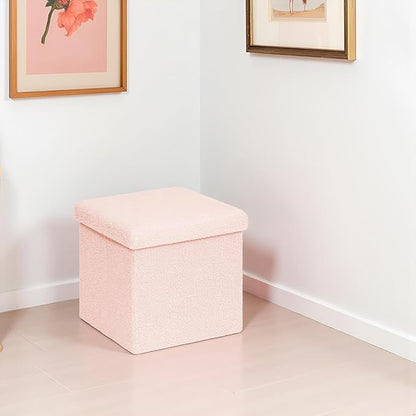 Folding Storage Ottoman Cube - Small Footrest with Sherpa Top, Multi-Functional Storage for Bedroom, Living Room-Pink