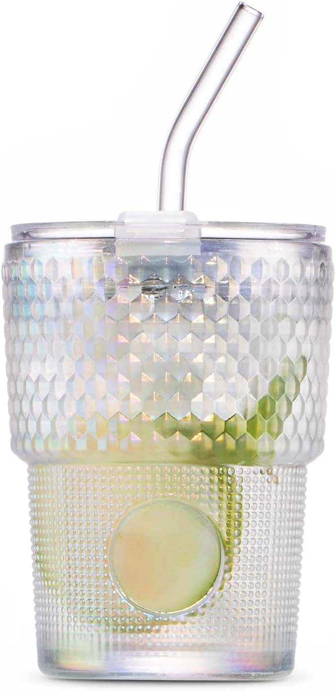13oz/400ml Glass Water Tumbler with Straw and Lid Sealed Carry On Thick Wall Iced Coffee Cup Glass Cup for Water, Iced Tea Fruit Juice Etc (White-Ribbed)