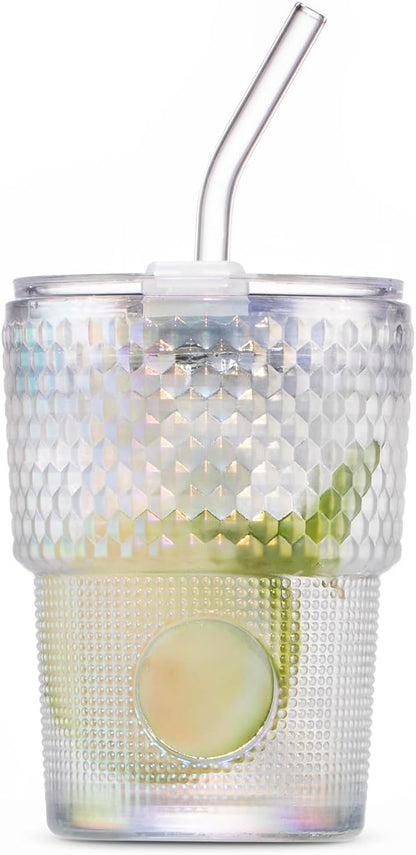13oz/400ml Glass Water Tumbler with Straw and Lid Sealed Carry On Thick Wall Iced Coffee Cup Glass Cup for Water, Iced Tea Fruit Juice Etc (White-Ribbed)