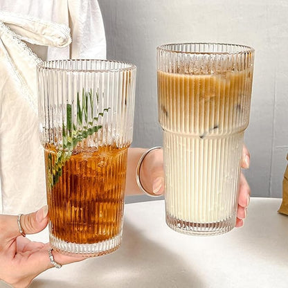 TUZAZO 20 Oz Glass Tumblers with Lids and Straws - 2 Pack Ribbed Glass Iced Coffee Cup with Straw and Lid, Thicken Glasses, Ideal for Smoothieds, Cocktails, and Juices