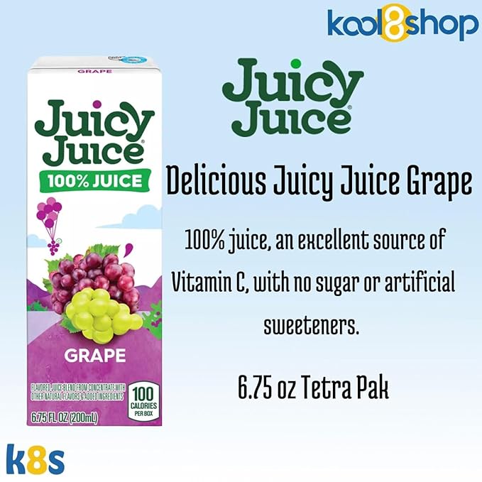 Juicy Juice Grape 100% Juice No Sugar Added On the Go Box 6.75 fl oz 32 Pack + 2 Reusable Snack Bags by KOOL8SHOP Infinite Deals