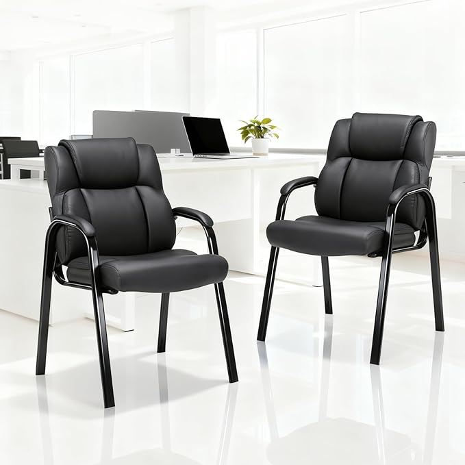 CLATINA Black Guest Chair with Arms, Office Reception Chairs for Conference and Waiting Room, Ergonomic Leather Visitor Desk Chair No Wheels Side Office Home Chairs, 2PK