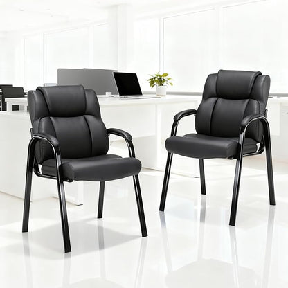 CLATINA Black Guest Chair with Arms, Office Reception Chairs for Conference and Waiting Room, Ergonomic Leather Visitor Desk Chair No Wheels Side Office Home Chairs, 2PK