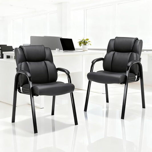 CLATINA Black Guest Chair with Arms, Office Reception Chairs for Conference and Waiting Room, Ergonomic Leather Visitor Desk Chair No Wheels Side Office Home Chairs, 2PK