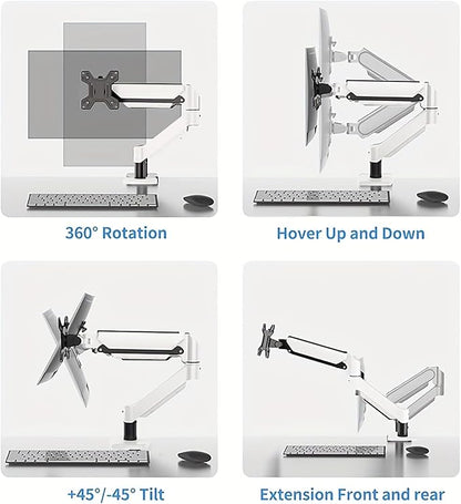 Ultrawide Monitor Arm for 13 to 32 inch Flat/Curved Computer Screen, Gas Spring Single Monitor Mount Holds up to 17.63 lbs, Clamp & Grommet Base, VESA 75x75/100x100mm, White