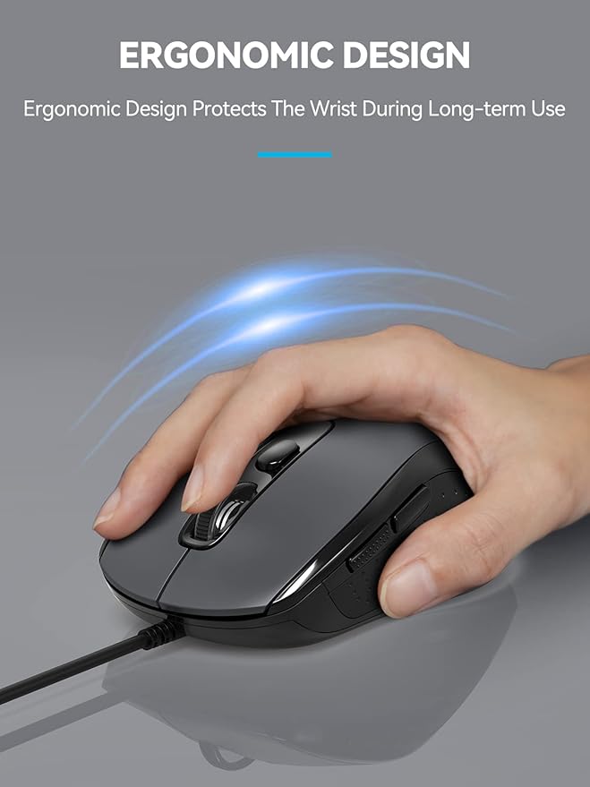 TECKNET Wired Mouse, USB Mouse for Laptop with 6-Button, 3600DPI Optical PC Wired Mice, Home and Office 5FT USB-A Corded Comfortable Mice, Plug & Play (Light Grey)