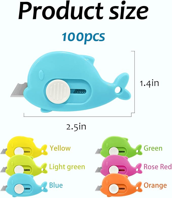 100PCS Whale Shaped Mini Utility Knives Retractable Box Cutters in 6 Colors (Orange, Green, Yellow, Blue, Mint, Pink) for Office, Crafts & Daily Use