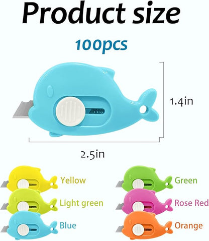 100PCS Whale Shaped Mini Utility Knives Retractable Box Cutters in 6 Colors (Orange, Green, Yellow, Blue, Mint, Pink) for Office, Crafts & Daily Use