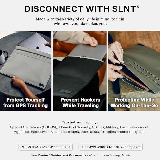 SLNT Faraday Bag with Silent Pocket Technology - Leather Signal Blocking Device Sleeve for 13 inch and 15 inch Laptops and Tablets, Provides Instant Protection (Black Leather, 15 inch)