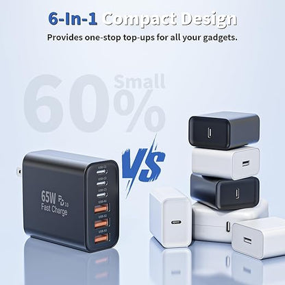 65W USB C Charger Block,2Pack 6-Port Apple USB C GaN Charger Fast Charging PD Power Adapter+QC Wall Plug Multiport Type C Box Brick for iPhone 17 17Air 16 15 14 13 12 11 Pro Max XS,iPad,AirPods,Black