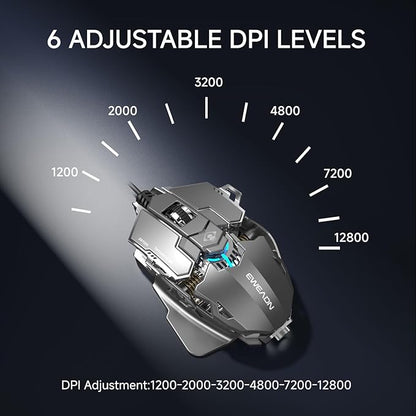 EWEADN G5 Wired Gaming Mouse, Ergonomic RGB Computer Mouse, 12800 Adjustable DPI, 9 Programmable Macro Buttons with Rapid Fire Key Compatible for PC/Laptop/Windows-Grey&White