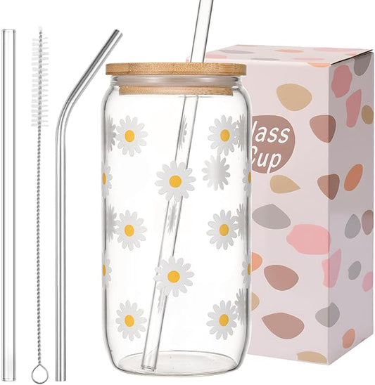 Cute Glass Cups with Lids and Straws, Daisy Flower Iced Coffee Smoothie Matcha Cup Tumbler Birthday Gifts for Women Sister Friend Her Preppy Teenage Girls Teen Girl Gifts Trendy Stuff Things