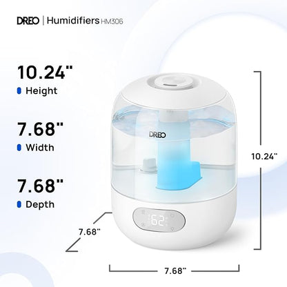 Dreo Humidifiers for Bedroom, 3L Top Fill 30H & 26dB Quiet Runtime for Large Room, Cool Mist Ultrasonic Humidifier with Humidity Sensor, Night Light for Home, Baby, Nursery, Plants, 360° Nozzle, White