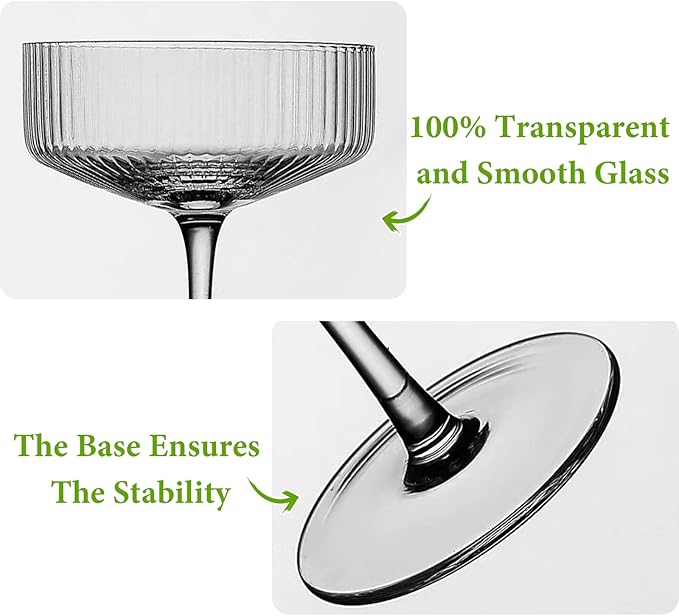 4 Pcs Ribbed Coupe Glasses, 10 oz Vintage Coupe Glass Set, Unique Martini Glass, Classic Cocktail Galssware, Bar Drinking Glasses Set Pefect for Cocktail, Wine, Champagne & Gift