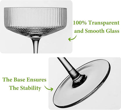 4 Pcs Ribbed Coupe Glasses, 10 oz Vintage Coupe Glass Set, Unique Martini Glass, Classic Cocktail Galssware, Bar Drinking Glasses Set Pefect for Cocktail, Wine, Champagne & Gift