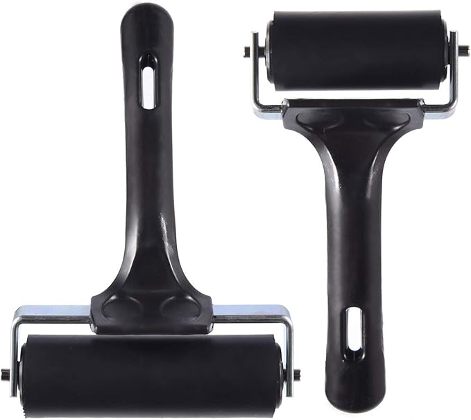 2 Pcs Rubber Roller, Hard Rubber Brayer Glue Roller for Construction Tools Printmaking Stamping Wallpaper Gluing Application, 3.8" and 2.2" (Black)