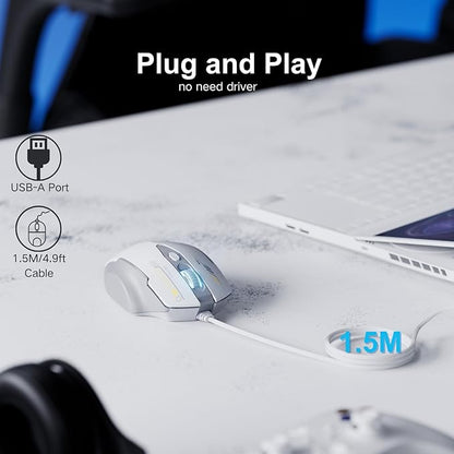 Uineer Wired Mouse, 4 Levels Adjustable DPI, 6 Programmable Buttons, Ergonomic Computer Wired Mouse for PC Laptop Computer for Working and Gaming - Plug & Play (White)