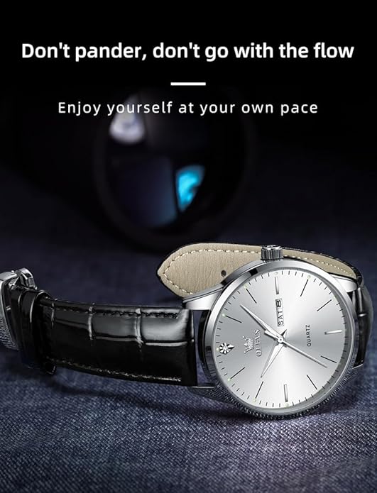 OLEVS Mens Watches, Dress Waterproof Classic Analog Casual Luxury Wrist Watch for Men with Date, Easy to Read Relojes para Hombres Male Quartz Wristwatch with Brown Black Leather Band Blue Black Dial