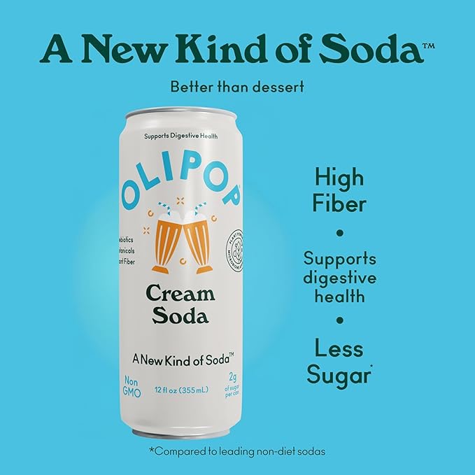 OLIPOP Prebiotic Soda Pop, Cream Soda, Pantry Pack Packed with Prebiotics, Fiber, and Botanicals, Gluten Free, Vegan, GMO Free, 12oz Skinny (12-Cans)