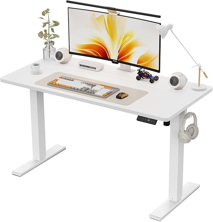 48x24 Inches Height Adjustable Electric Standing Desk with 2 Hooks for Home Office, Ergonomic Sit Stand up Desk with Splice Board, White